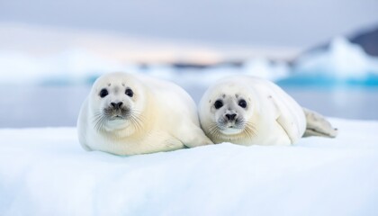 Two adorable white seal pups rest on a snow-covered ice floe with blurred icebergs in the background