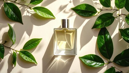 A glass perfume bottle amidst vibrant green leaves on a cream backdrop, bathed in sunlight