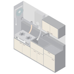 アイソメトリックな古い日本のキッチンのイメージ素材