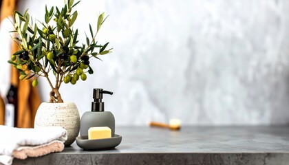 Olive tree, soap dispenser, and towel on a gray bathroom counter