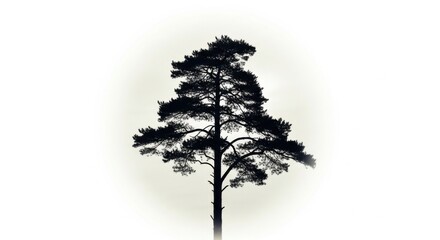Fototapeta premium Silhouette of a Tall Pine Tree on Bright White Background