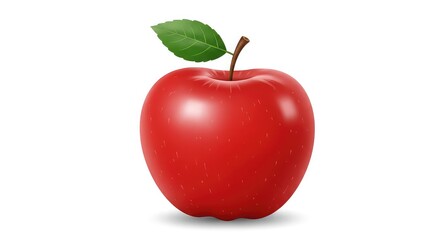 A single fresh shiny red apple with a green leaf and stem isolated on a white background.