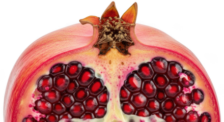 Close-up of a vibrant halved pomegranate revealing juicy ruby red arils and textured skin