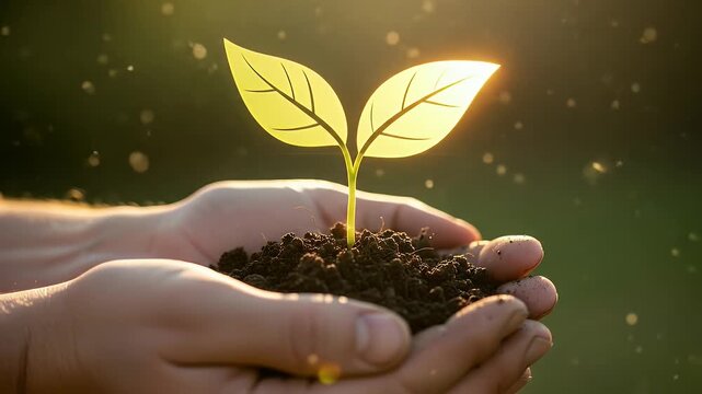 Hands cup soil with a small seedling as a leaf badge hovers; motes drift, the emblem settles, and a quiet spark affirms the green intent