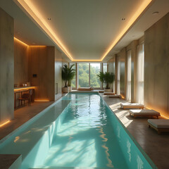 Luxury indoor spa pool with lounge chairs, warm lighting, and tranquil atmosphere