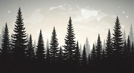 Silhouette of Tall Pine Trees Forest in Winter with Snowflakes and Soft Light
