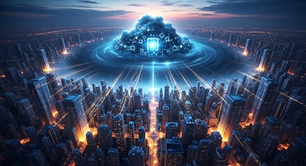 Futuristic Cloud Computing Data Center with Digital Cloud Network Over City Skyline