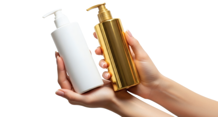 Comparing luxury skincare products gold and white bottles held in woman's hands on transparent background