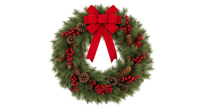 Buy christmas wreath with red bow and pine cones festive holiday decorations on transparent background - Powered by Adobe