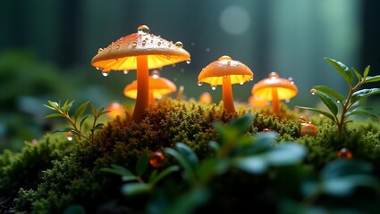 Fototapeta premium Cluster of Orange Mushrooms on Moss in Woods