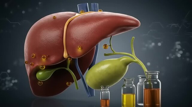 Detailed 3D illustration of a liver and gallbladder with surrounding medical vials and scientific background