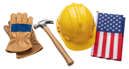 Construction tools and american flag representing labor day and patriotism on transparent background