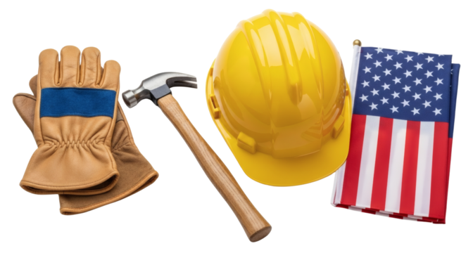 Construction tools and american flag representing labor day and patriotism on transparent background