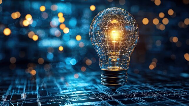 A glowing light bulb on a digital background with a blue and orange color scheme.