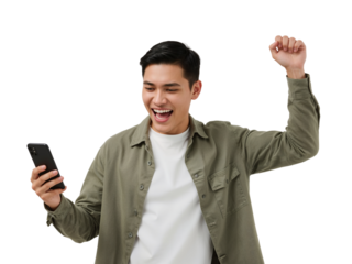 Excited young man celebrates good news on phone with fist raised on transparent