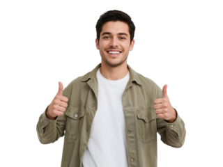 Smiling young man giving thumbs up with enthusiasm, expressing positive approval, isolated