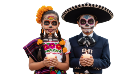 Day of the dead kids celebrating dia de muertos with face paint and costumes on transparent background
