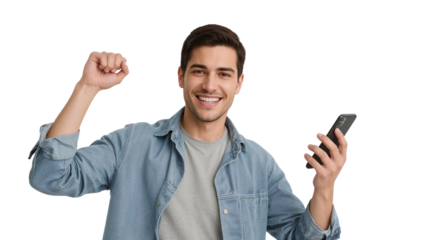 Excited young man celebrating success while holding smartphone on isolated transparent backdrop