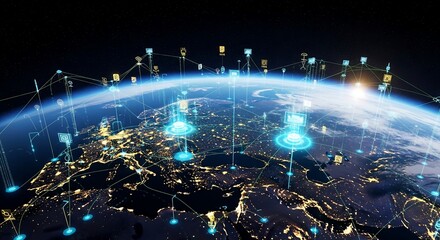 Obraz premium Global Network Connectivity and Data Exchange on Earth.