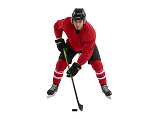 Fototapeta premium Intense hockey player poised for action with determination on transparent background