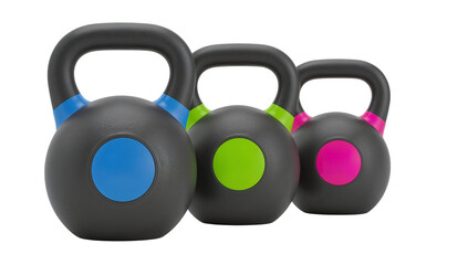 Colorful kettlebell trio poised for fitness a dynamic workout element on transparent backdrop
