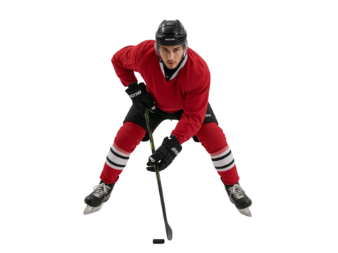 Professional hockey player in action, poised with stick on isolated transparent backdrop