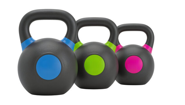 Colorful kettlebell trio poised for fitness a dynamic workout element on transparent backdrop