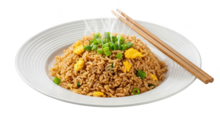 Delicious fried rice dish with fresh green onions and chopsticks ready to eat