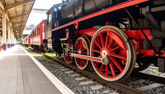 Red wheels of a vintage steam locomotive at a train station platform