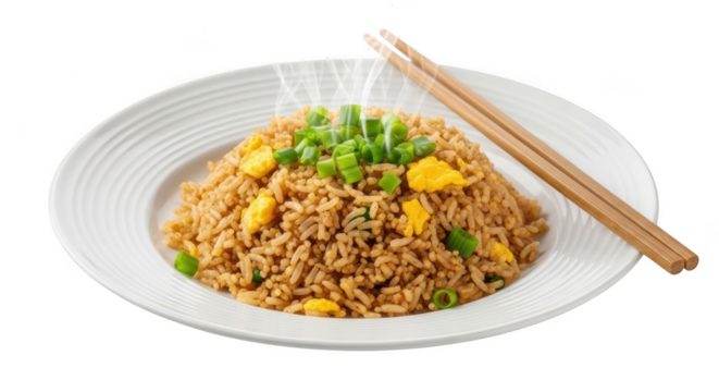 Delicious fried rice dish with fresh green onions and chopsticks ready to eat
