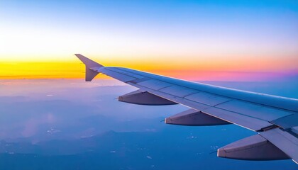 Obraz premium Airplane wing soaring above a misty landscape at sunset with vibrant colors