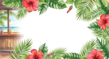 Tropical Beach Scene with Hibiscus Flowers and Palm Leaves Suitable for Vacation or Summer Promotions