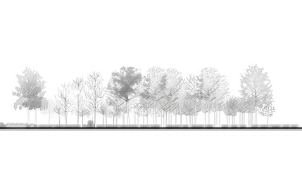 Architectural Drawings, Minimal style cad tree autumn line drawing, Side view, set of section wetland forest outline for landscape design drawing. Vector illustration in separate element