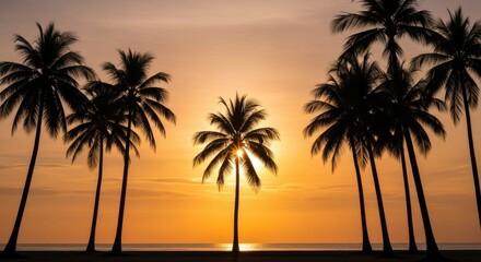 Naklejka premium Tropical Sunset with Silhouetted Palm Trees on Beach