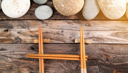 Chopsticks resting on a rustic wooden table with smooth stones
