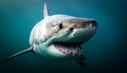 Naklejka premium A close-up view of a great white shark's formidable head and teeth, showcasing its powerful jaws underwater.
