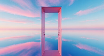 Pink Doorway Opening in Surreal Dreamlike Sky with Reflective Water Surface
