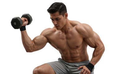 Focused fitness model executes bicep curl with dumbbell against transparent setting for health and