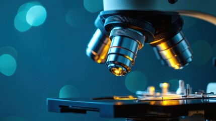 Obraz premium A microscope with a blue background and a yellow light shining through the lenses.