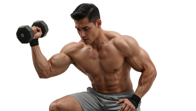 Focused fitness model executes bicep curl with dumbbell against transparent setting for health and