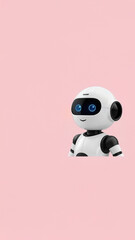 Fototapeta premium Friendly Ai robot character with a smiling face and blue eyes, set against a soft pink background, showcasing modern design and technology