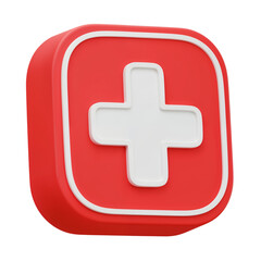 Fototapeta premium A red square medical first aid symbol with a white cross emblem isolated on transparent background