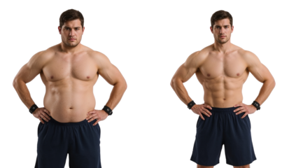 Dramatic transformation demonstrating significant weight loss and muscle gain achievements on