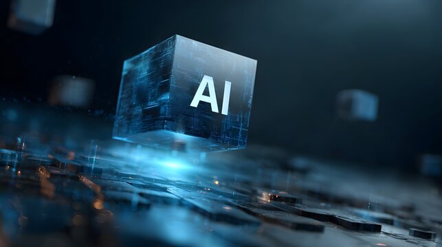 Glowing blue AI cube with digital texture floating over a futuristic circuit board.