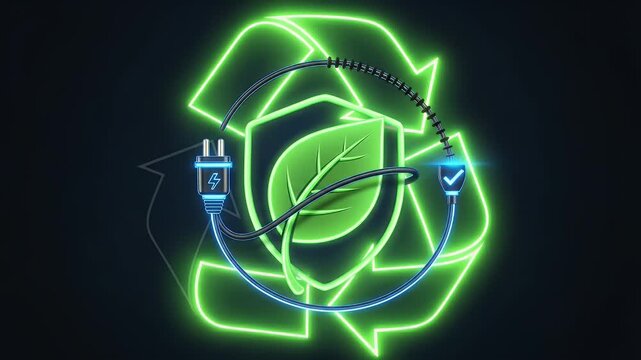 An EV plug traces a circle around a leaf shield; a micro recycling ring echoes the path and a brief check blinks to imply cleaner delivery