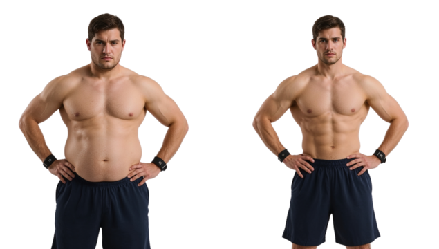Dramatic transformation demonstrating significant weight loss and muscle gain achievements on
