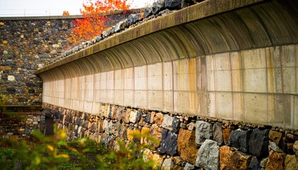 Curved concrete retaining wall backed by stone, with fall foliage in foreground and background