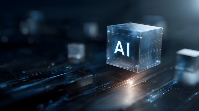 A luminous translucent cube with glowing blue AI text and digital circuitry patterns floating above a light source.