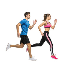 Fototapeta premium Fit couple running together outdoors for health and fitness motivation transparent background