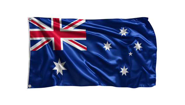 Detailed isolated depiction of the Australian flag fluttering gently in a breeze against a